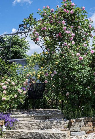 The Kiftsgate Gazebo by Classic Garden Elements covered in roses