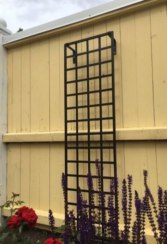 Classic Garden Elements' Modern Wall-Mounted Trellis installed on yellow wood panels