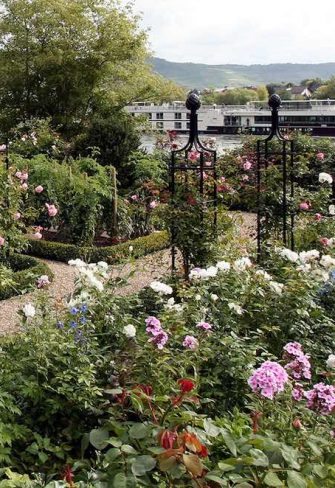 Three Classic Garden Elements rose obelisks in a garden alongside the Rhine