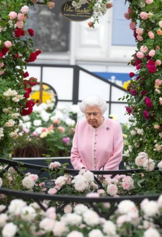 Her Majesty Queen Elizabeth II visiting the Buscot Park Wedding Gazebo by Classic Garden Elements at the Chelsea Flower Show in 2018