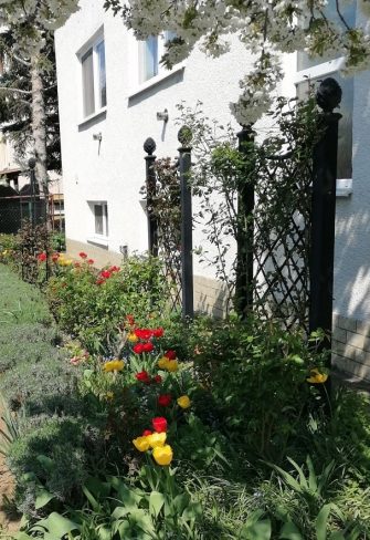 The Paravent Metal Railing Panel by Classic Garden Elements crowned with pine-cone finials, in a garden in spring