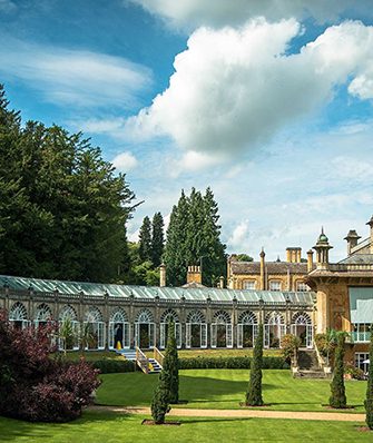 Wide-angled view of the exterior of Sezincote House in Gloucestershire, England