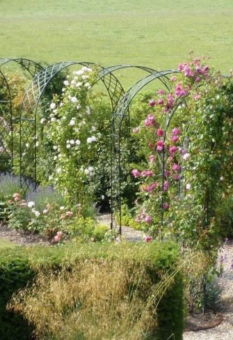 A rose tunnel created by installing nine Classic Garden Elements Bagatelle Round-Top Garden Arches in a row