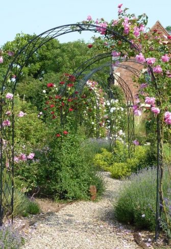 Several rose-covered Bagatelle Round-Top Garden Arches by Classic Garden Elements creating a stunning floral walkway in an English garden