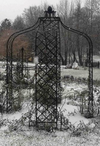 The Kiftsgate Gazebo by Classic Garden Elements in black, at the Dolná Krupá rosarium in Slovakia in winter