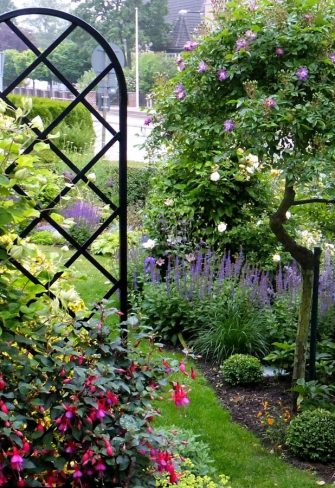 Clematis growing up a Beekman Garden Obelisk in front garden