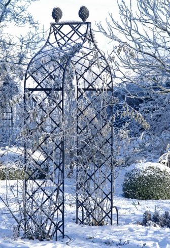 Kiftsgate Victorian Rose Arch by Classic Garden Elements, covered with hoar frost in winter