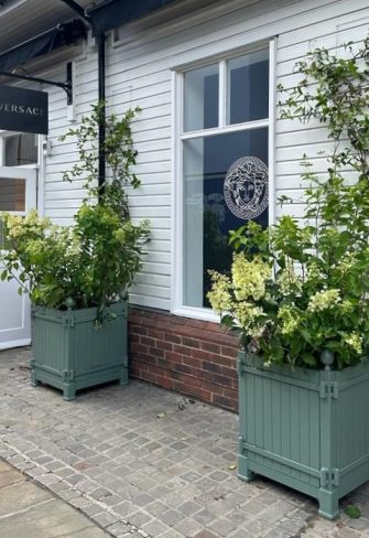 Caisses de Versailles by Classic Garden Elements in front of Versace Boutique in Bicester Village near Oxford