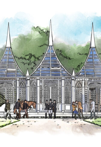 Newbury Triple Conservatory Three Towers of Glass and Light Watercolor Illustration